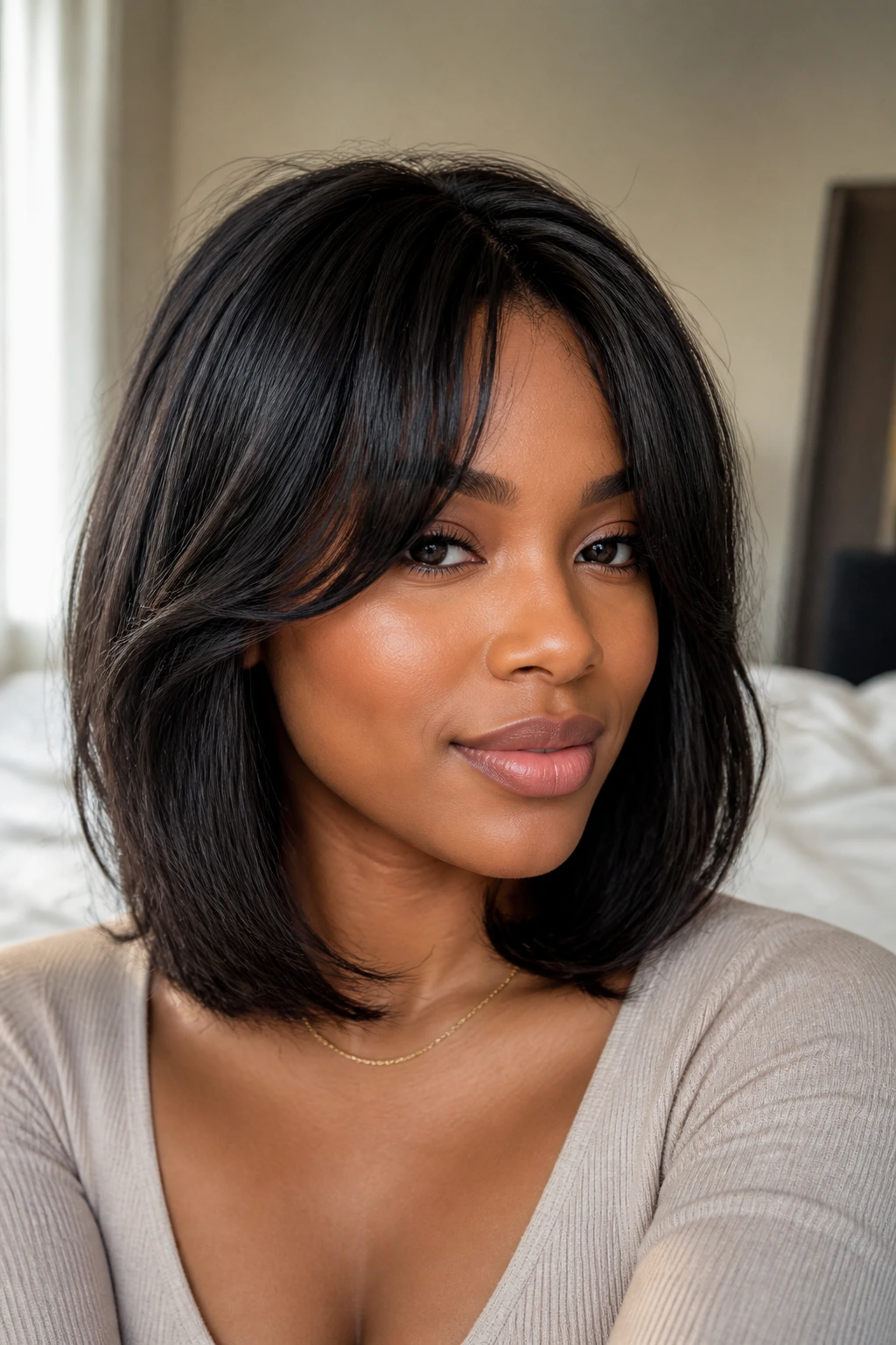 Close-up portrait of a real woman with curtain bangs and a shoulder-length lob under natural window light