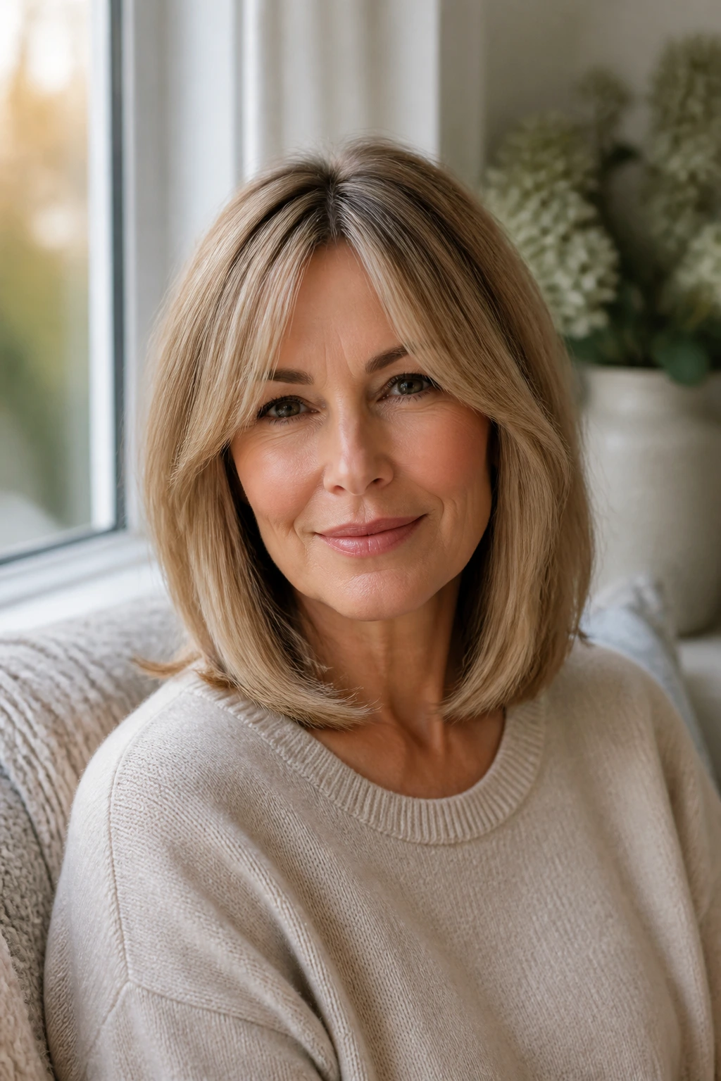Close-up of a real woman with curtain bangs and smooth-bent lob in soft natural light