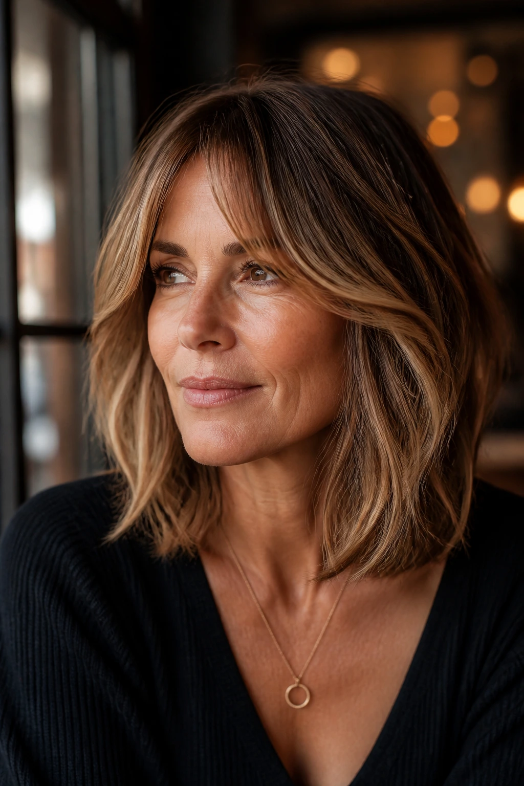 Close-up portrait of a woman with curtain bangs and caramel babylights