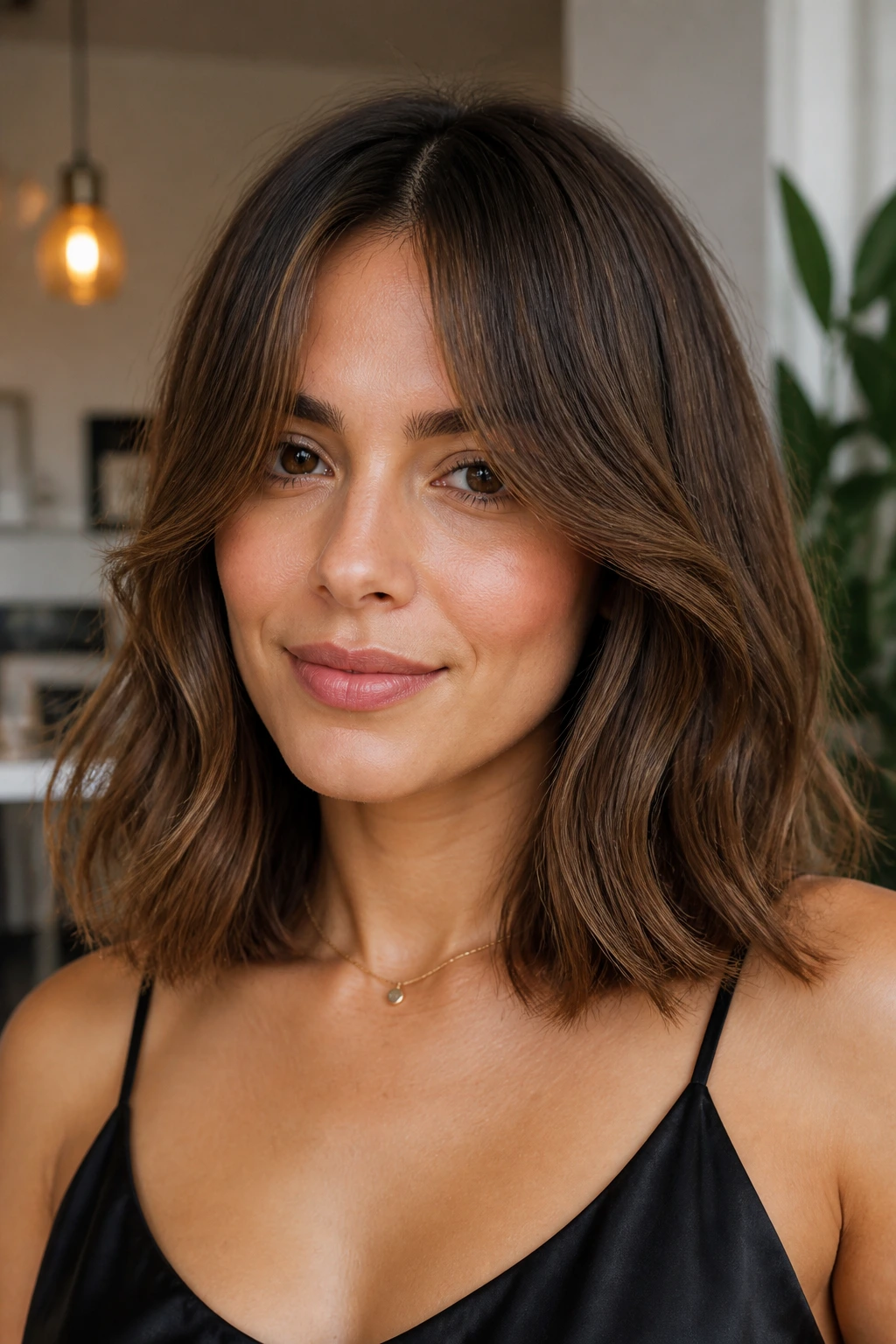 Portrait of a woman with center-parted soft curtain bangs and a lob