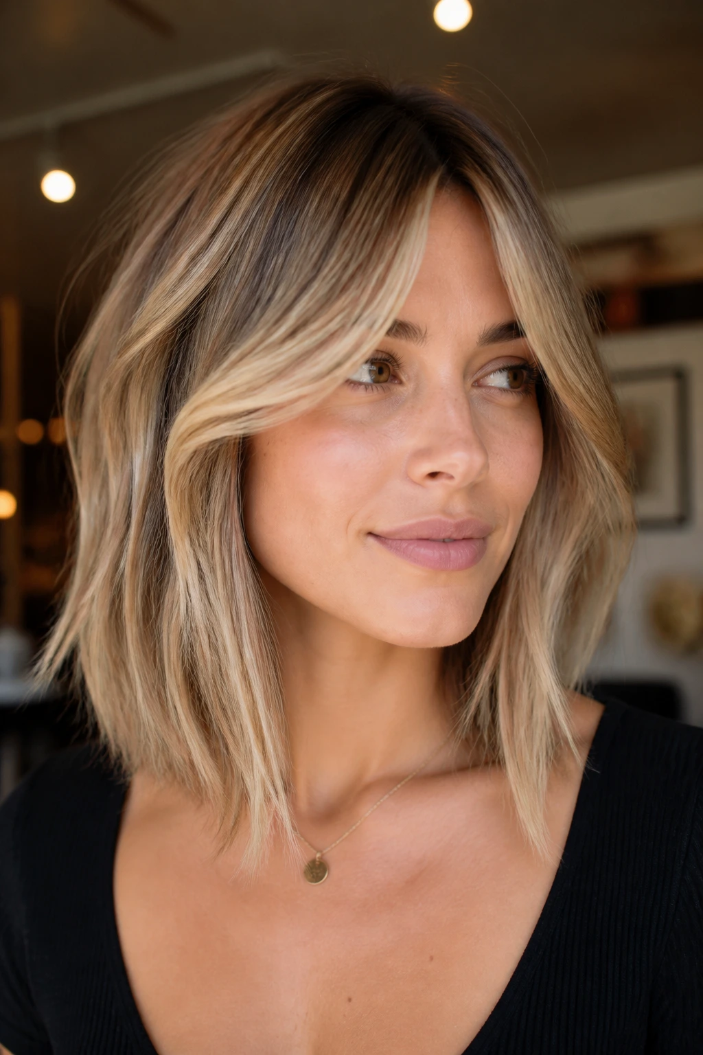 Close-up of a real woman with curtain bangs and rooty champagne babylights
