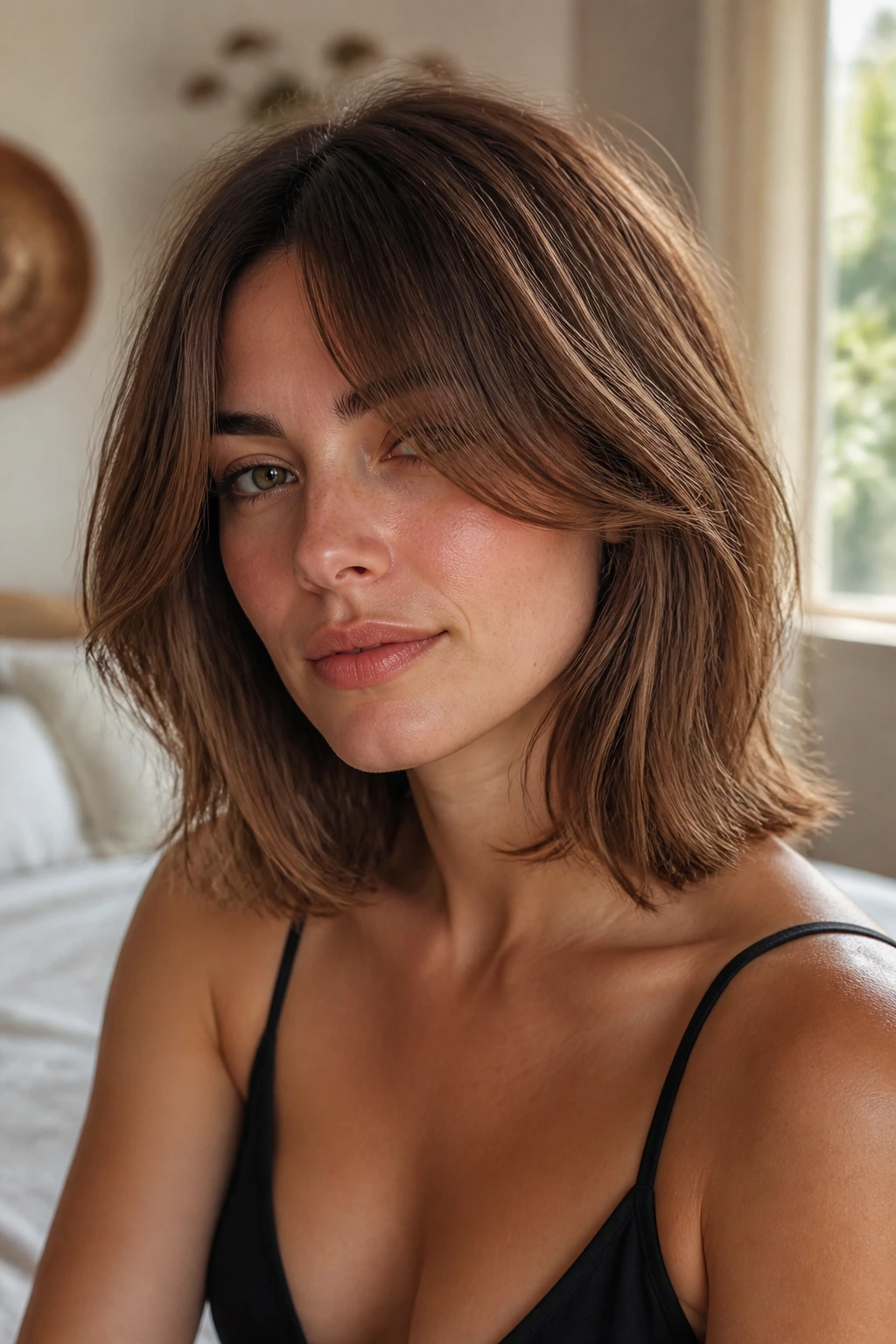 Close-up portrait of a real woman with curtain bangs and a shoulder-length lob under natural window light