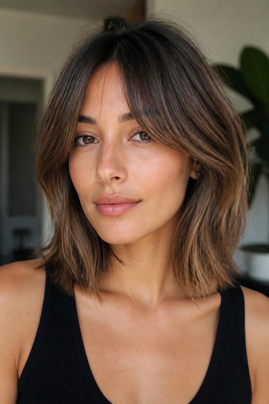 Portrait of a person with curtain bangs and collarbone-length lob