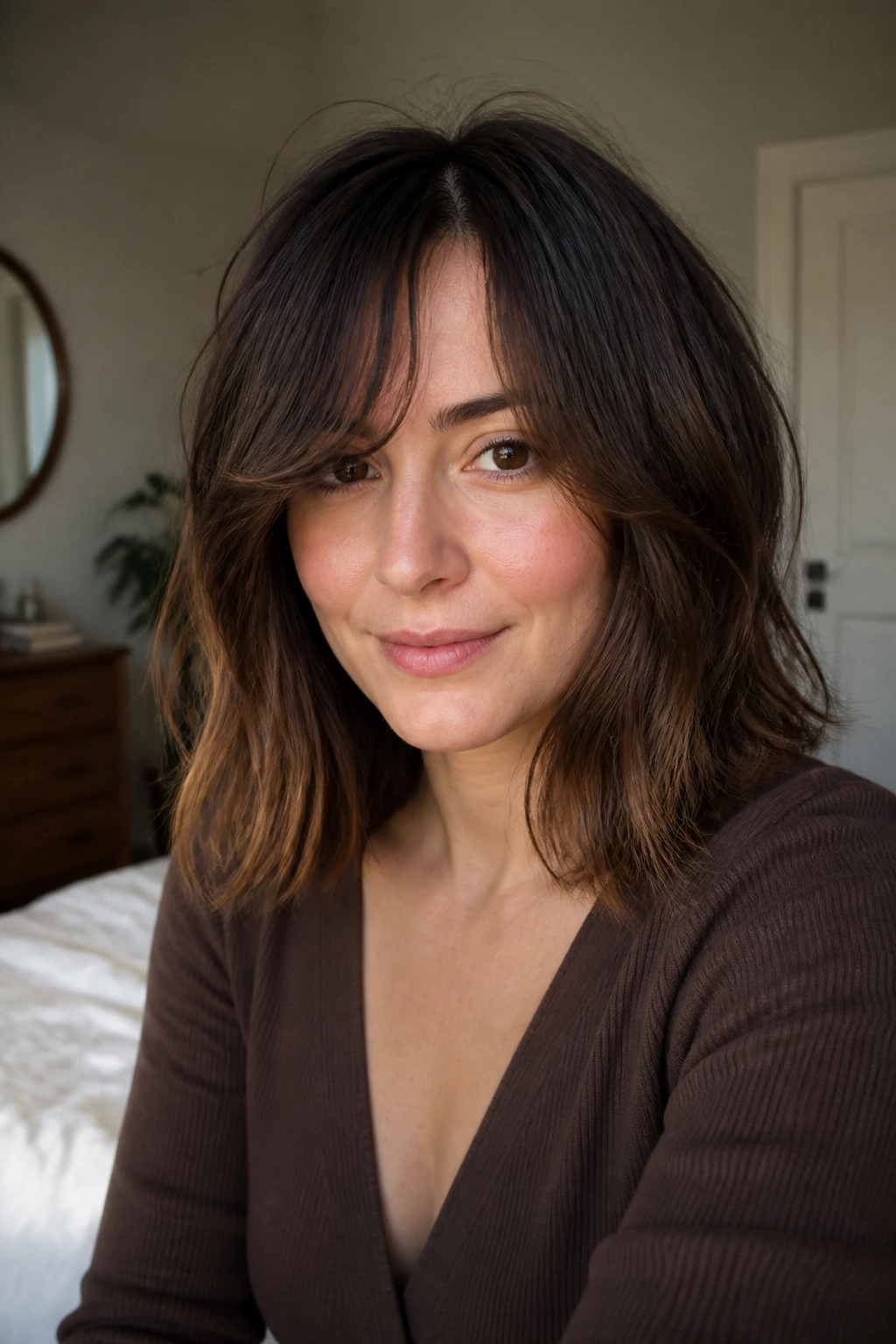 Real woman with curtain bangs and lob in soft natural light