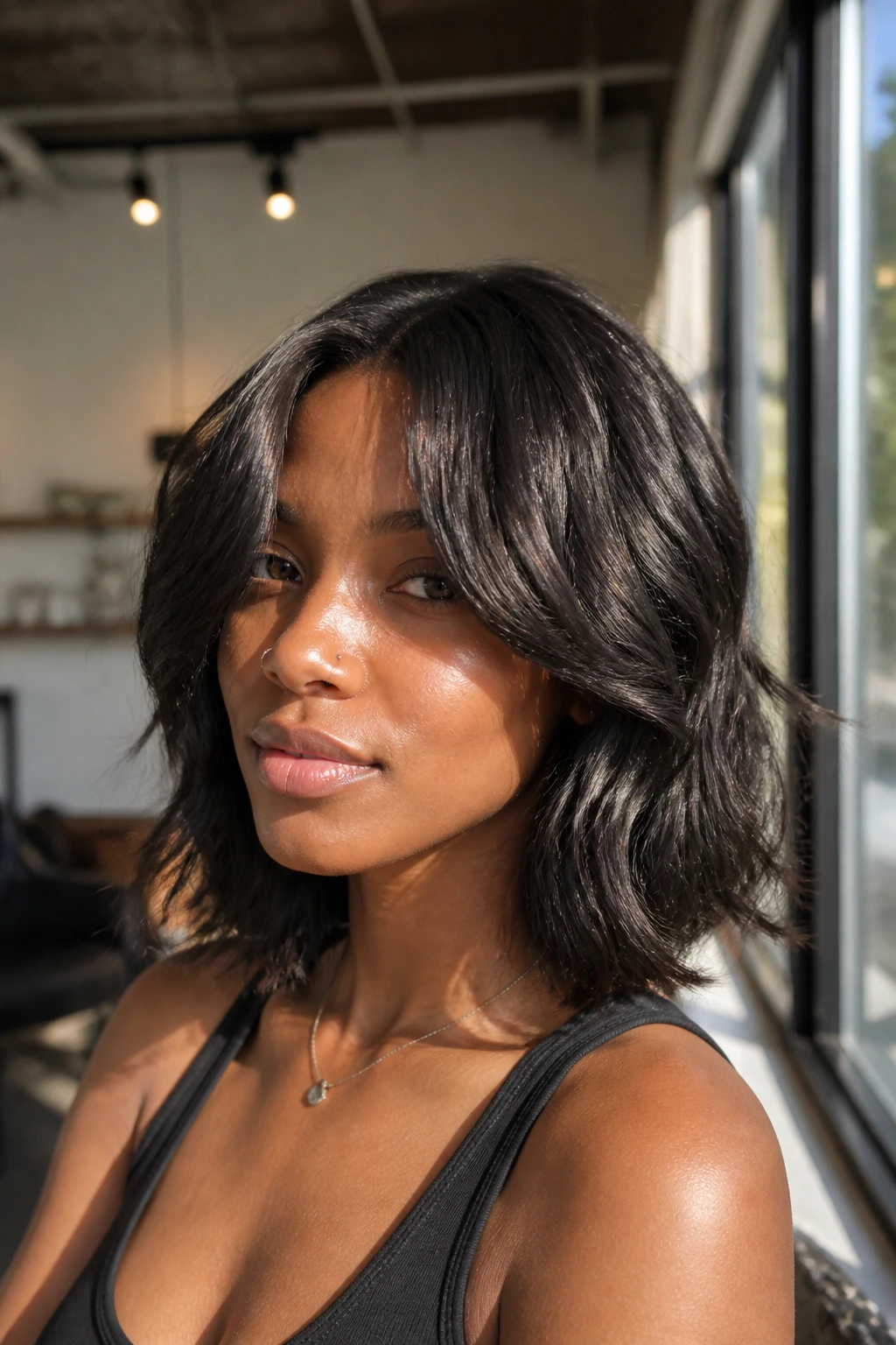 Close-up of real woman with curtain bang lob in natural window light