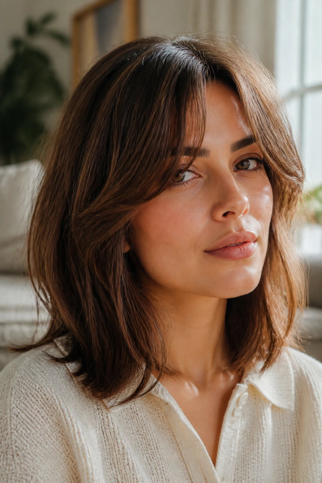 Close-up portrait of a real woman with curtain bangs and shoulder-length lob in warm window light