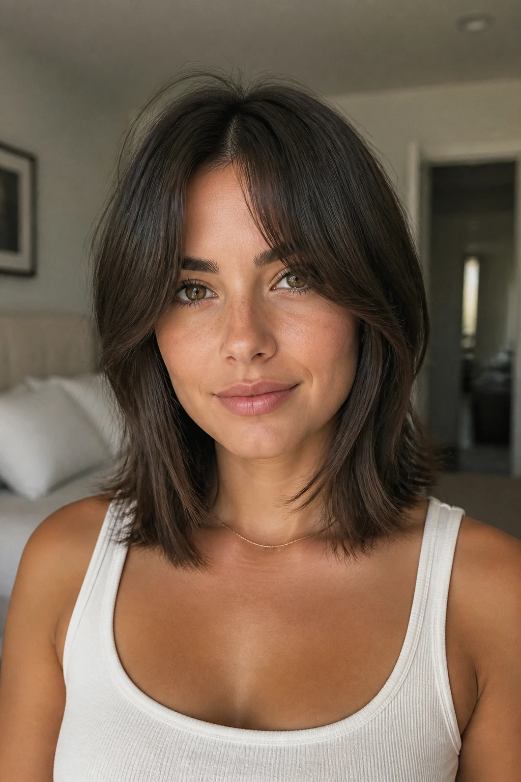Portrait of a woman with curtain bangs lob framing the cheeks