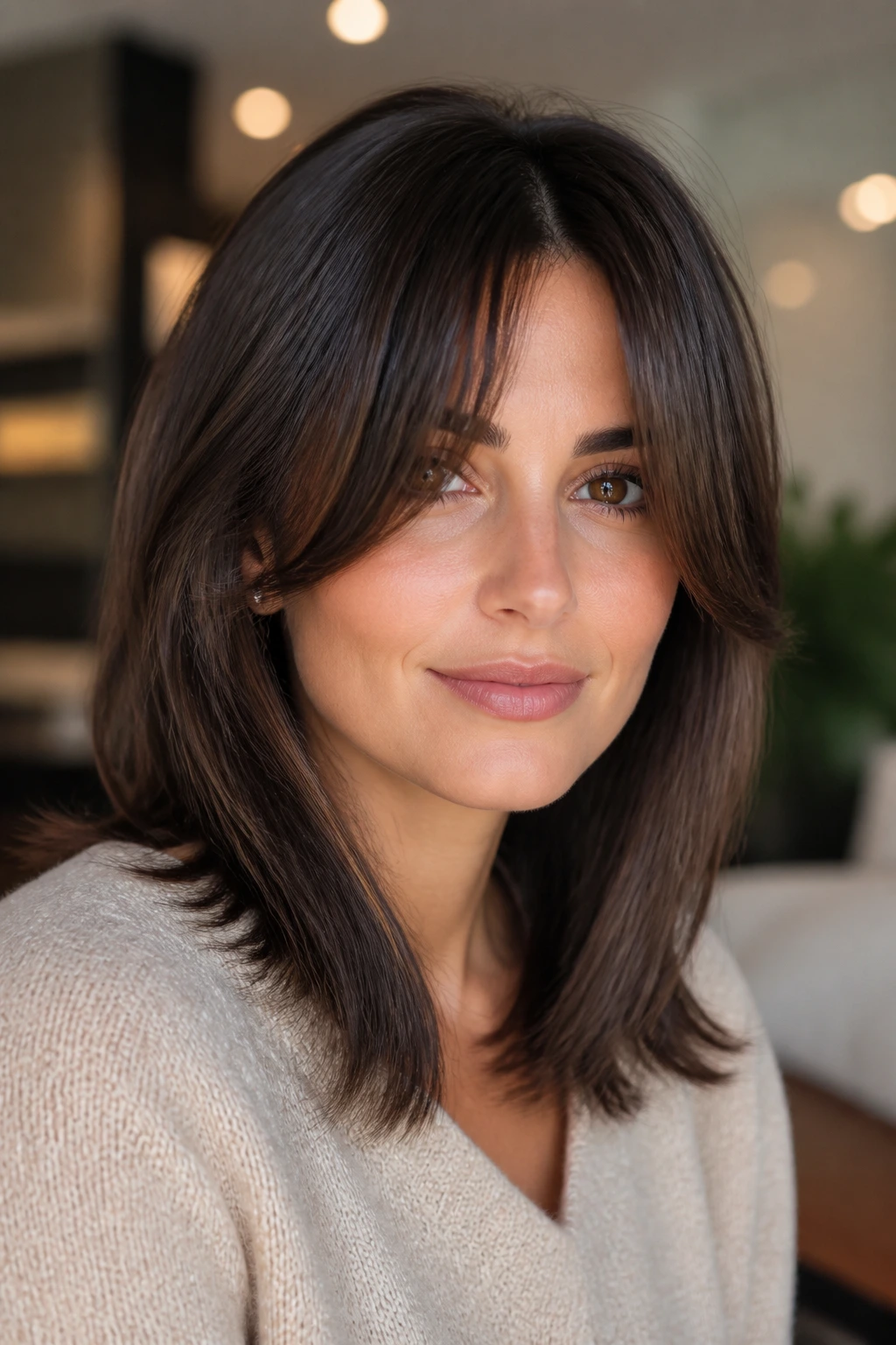 Close-up of woman with curtain bangs and soft draping layers.