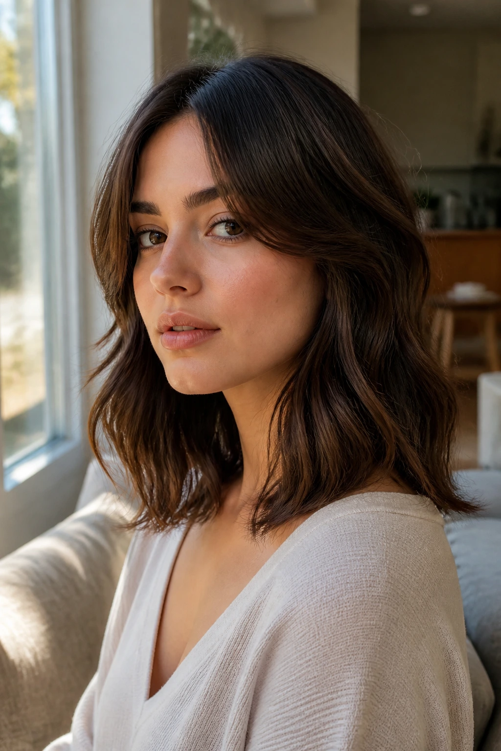 Portrait of a real woman with brown lob and long curtain bangs near the cheekbones