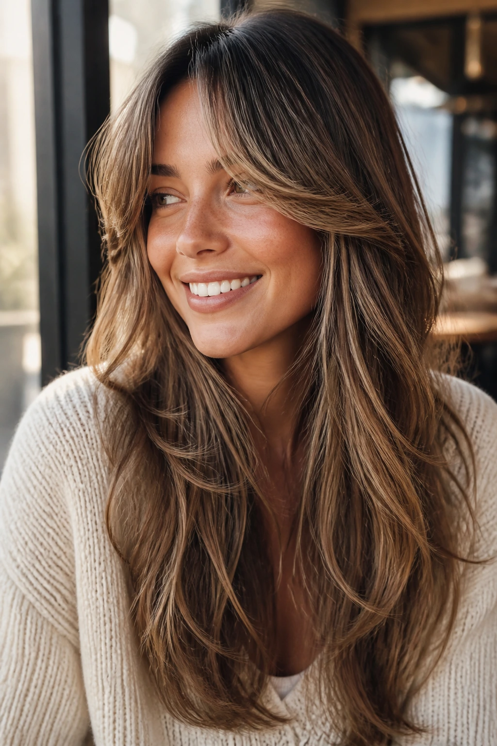 Close-up of a real woman with curtain bangs and long bend hairstyle