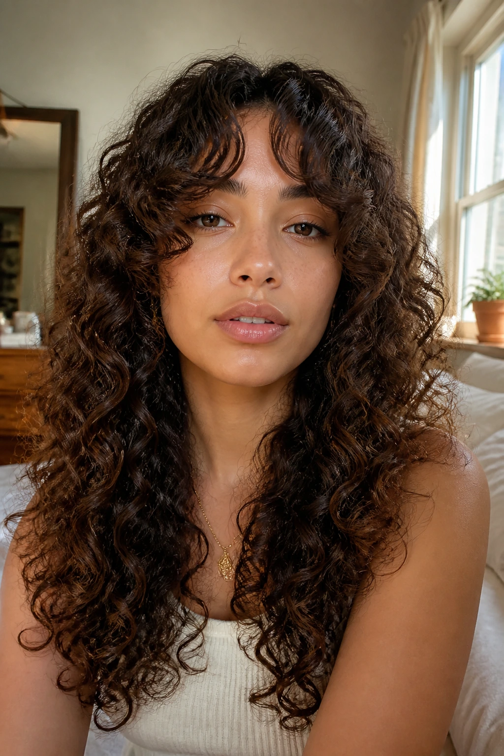 Close-up portrait of a person with curtain bangs and long curly hair.