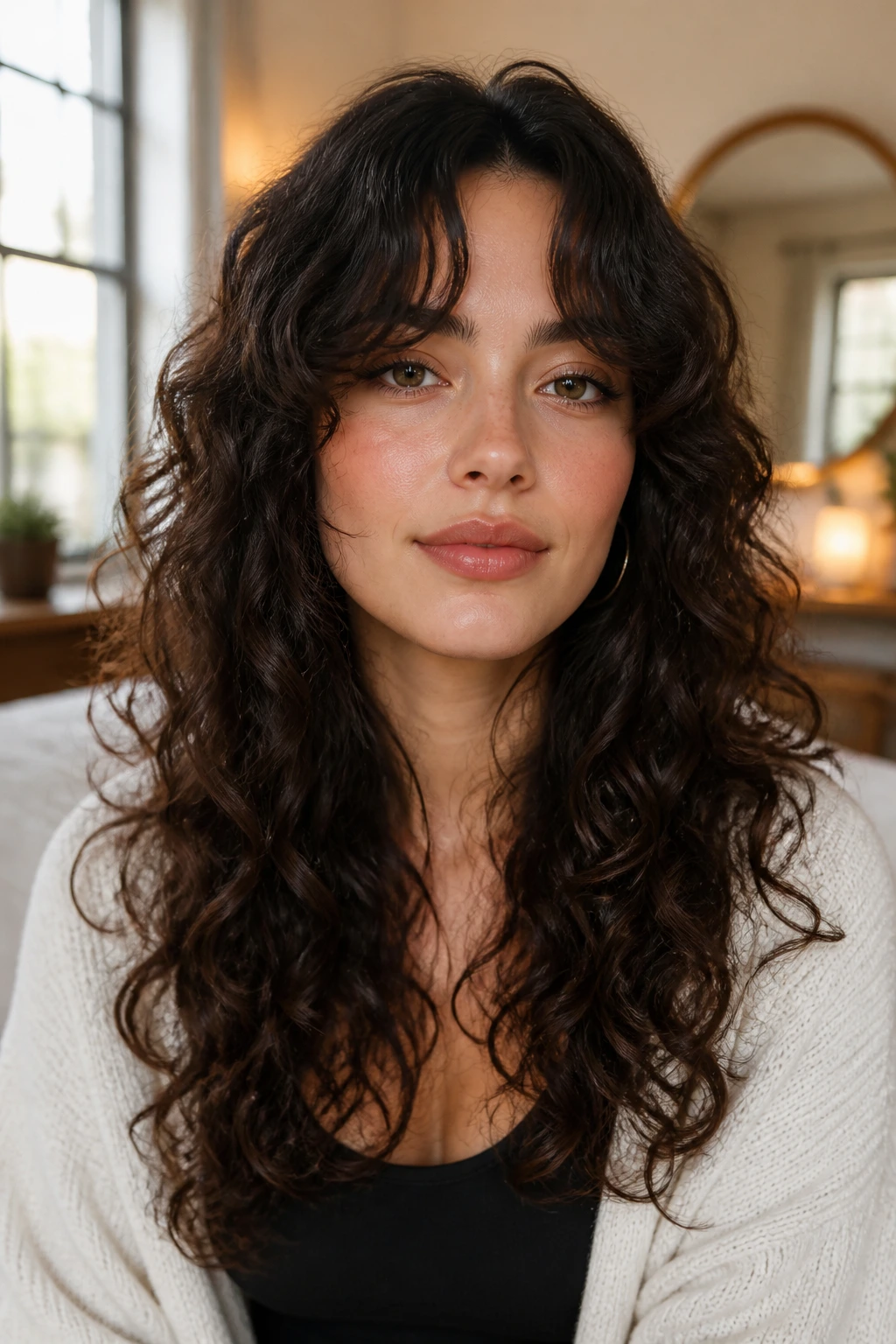 Close-up portrait of a woman with curtain bangs and long curls, hair softly framing the face