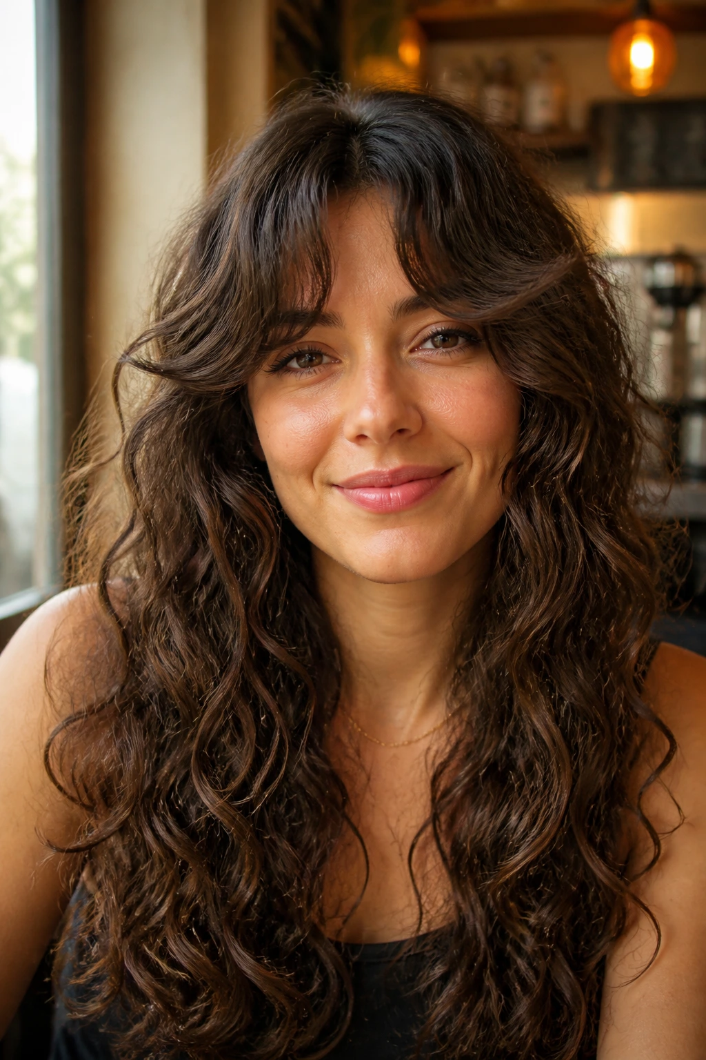 Real woman with long curls and curtain bangs in natural cafe light.