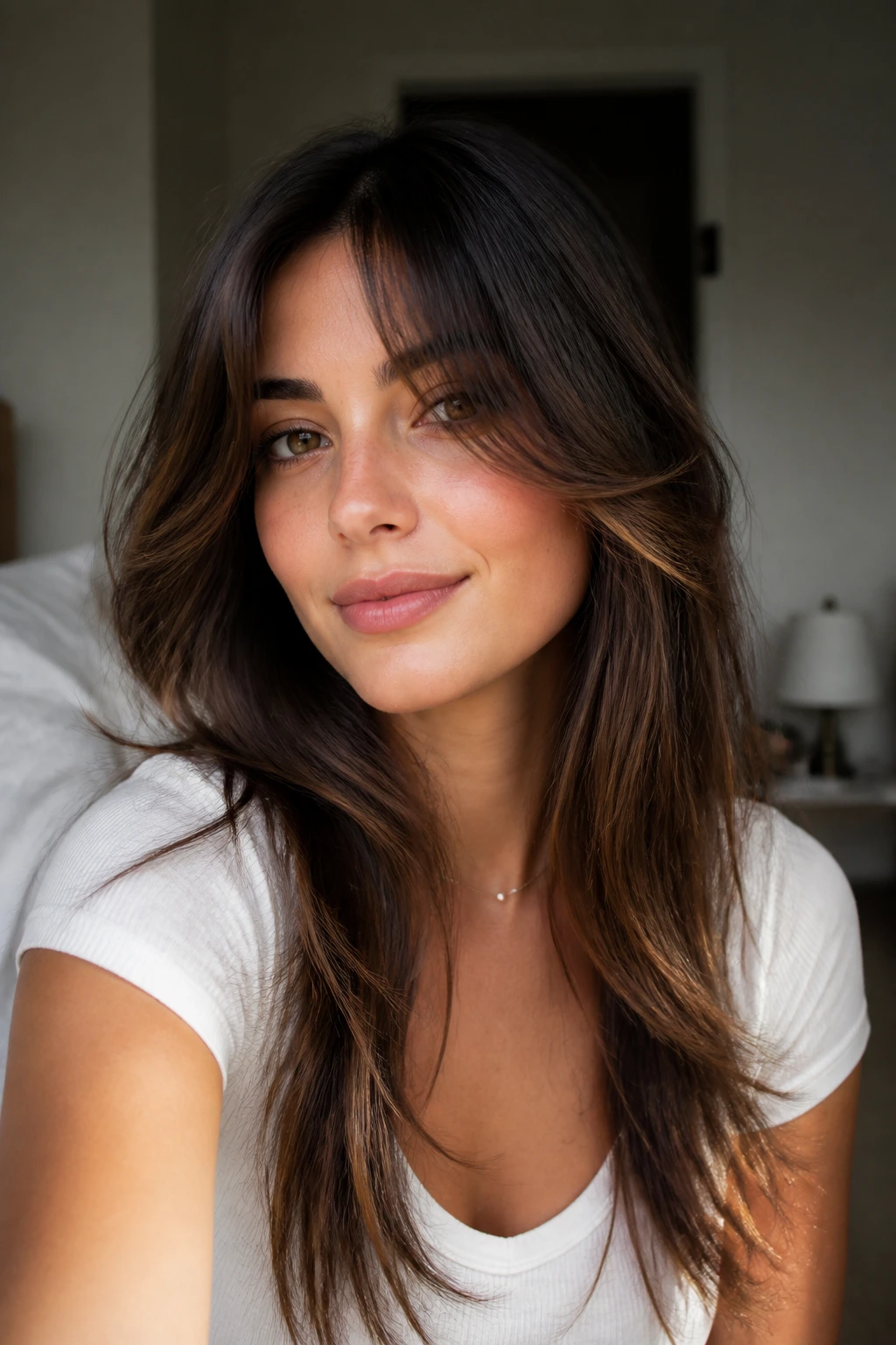 Close-up portrait of a real person with curtain bangs and long face framing ends in a warm bedroom light