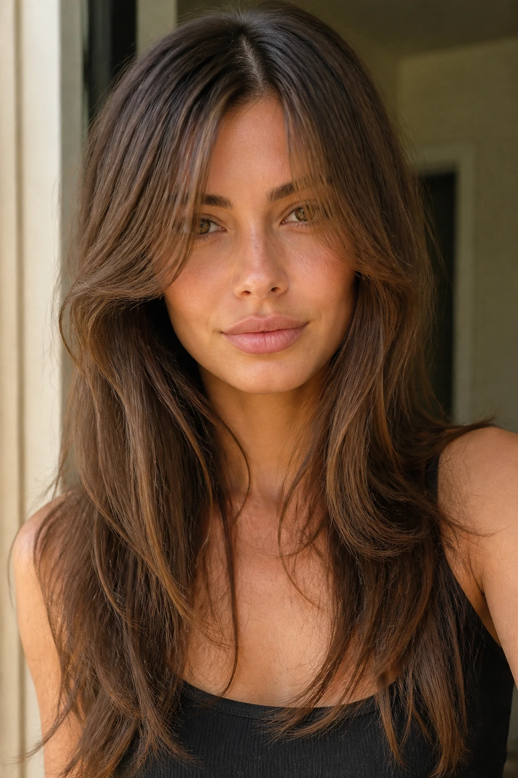 Woman with curtain bangs blending into long hair