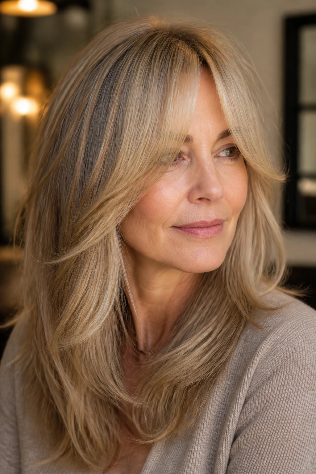 Portrait of a woman showing long curtain bangs and blended layers for salon guidance.