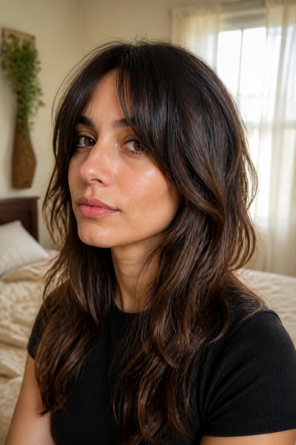 Close-up portrait of a real person with curtain bangs and long hair in warm window light