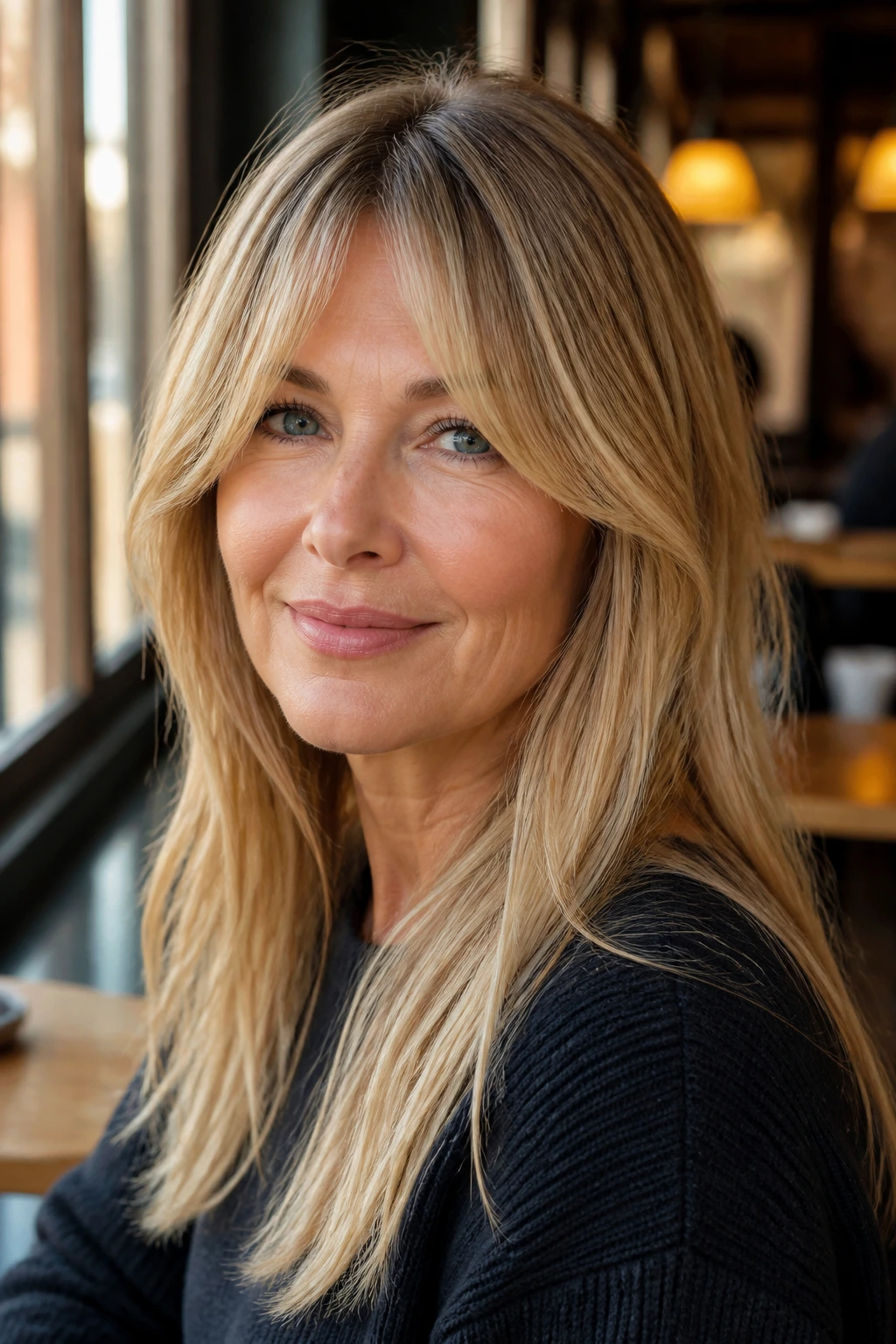 Portrait of a woman with curtain bangs on long fine hair