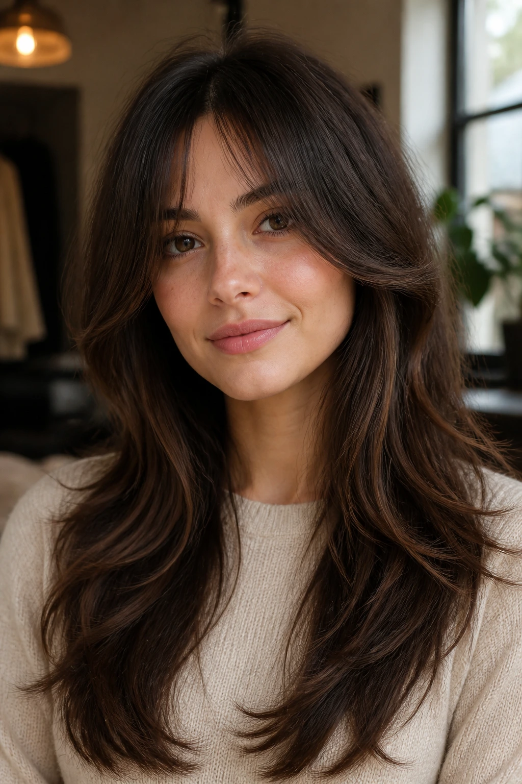 Real woman with curtain bangs and long layers framing the face.