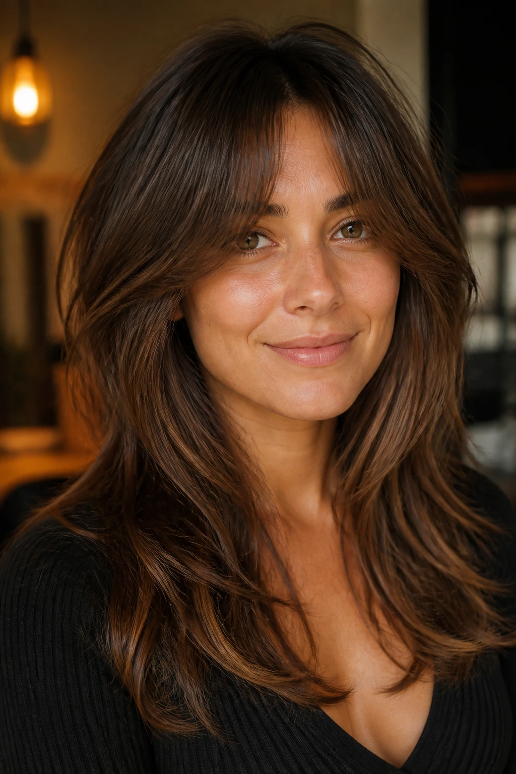 Portrait of a real woman with curtain bangs and long layered ends on shoulder-length hair