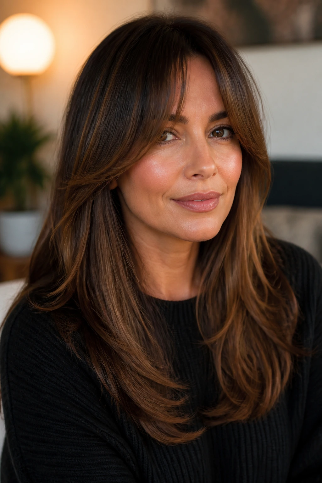 Portrait of a woman with curtain bangs and long layers in warm indoor light