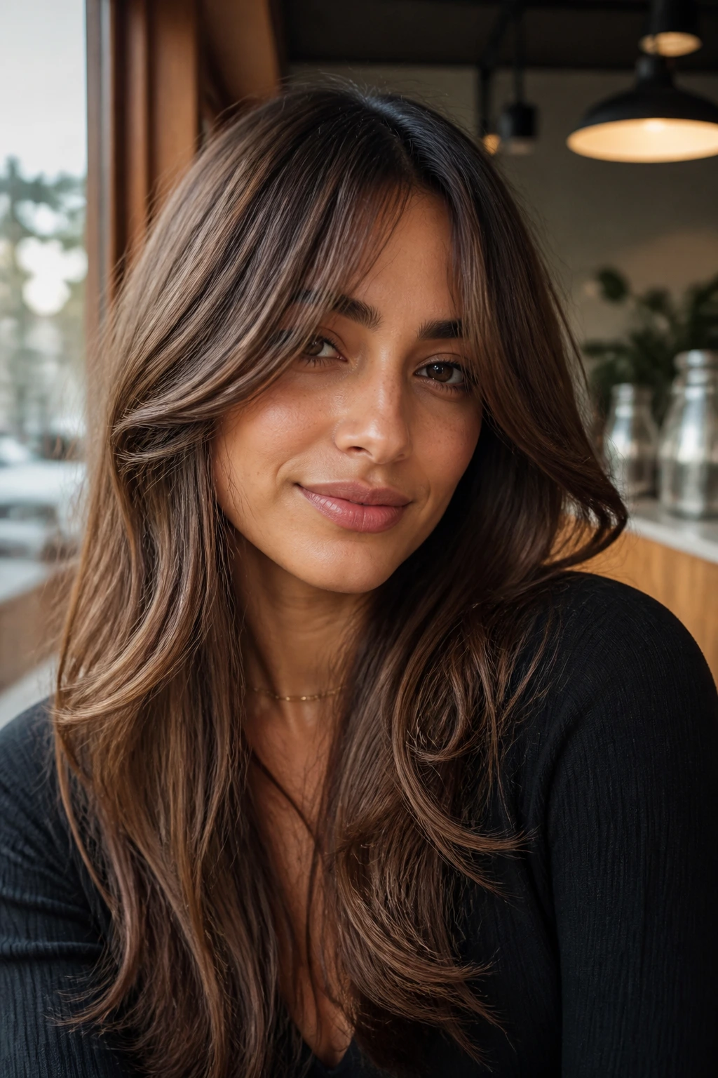 Portrait of a real person with curtain bangs and long layered hair.