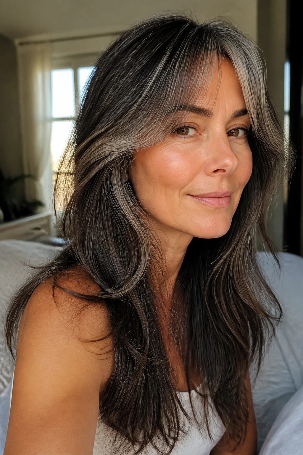 Close-up portrait of a real woman with long layers and curtain bangs under natural window light