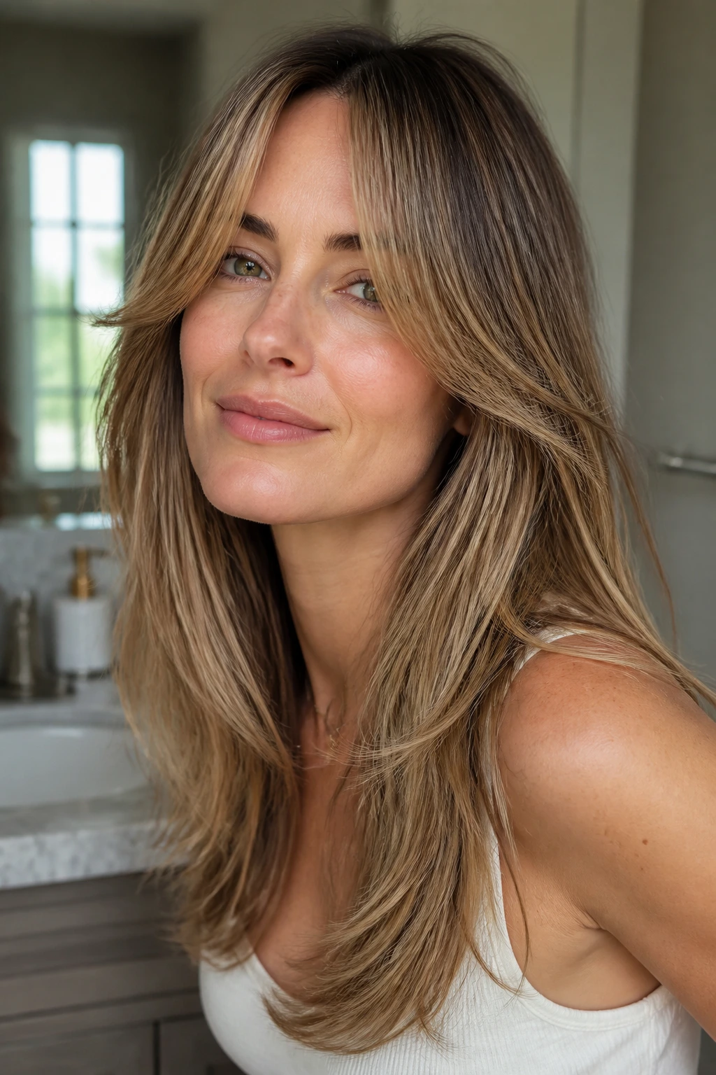 Portrait of woman with curtain bangs and long layers framing the cheeks