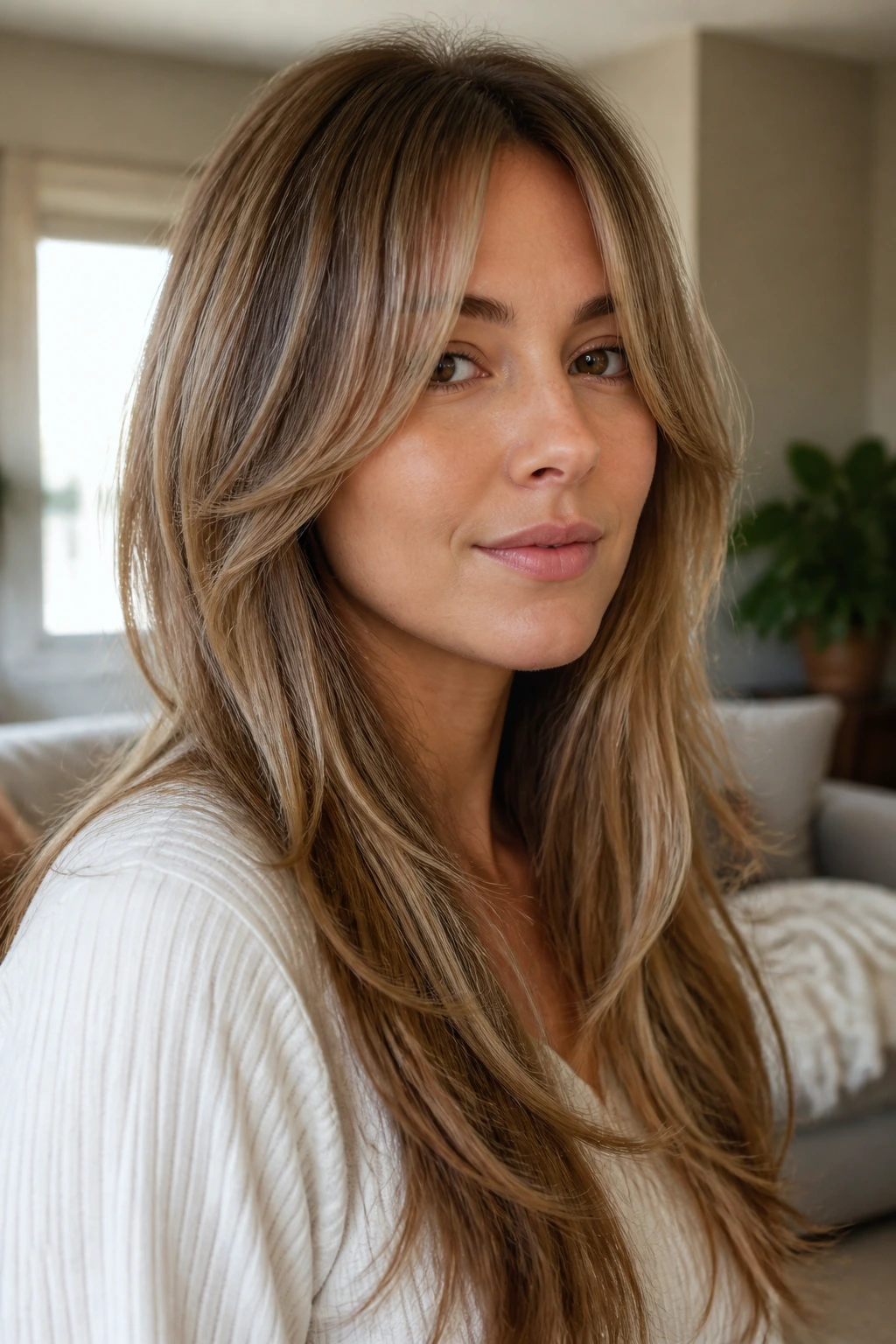 Close-up of a real person with curtain bangs blending into long layers.