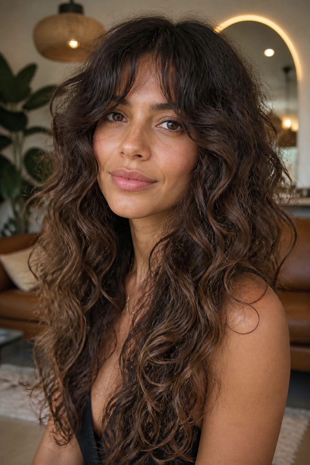 Close-up of a person with long layered curls and curtain bangs in natural light