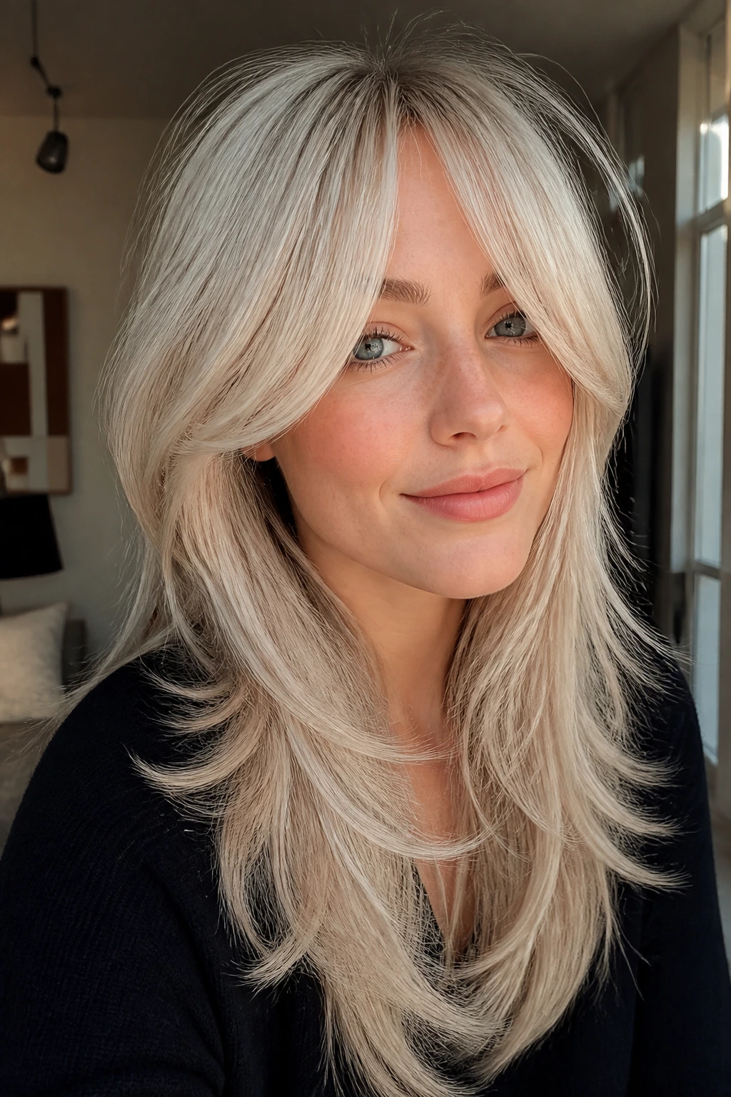 Portrait of woman with curtain bangs and long layers in platinum