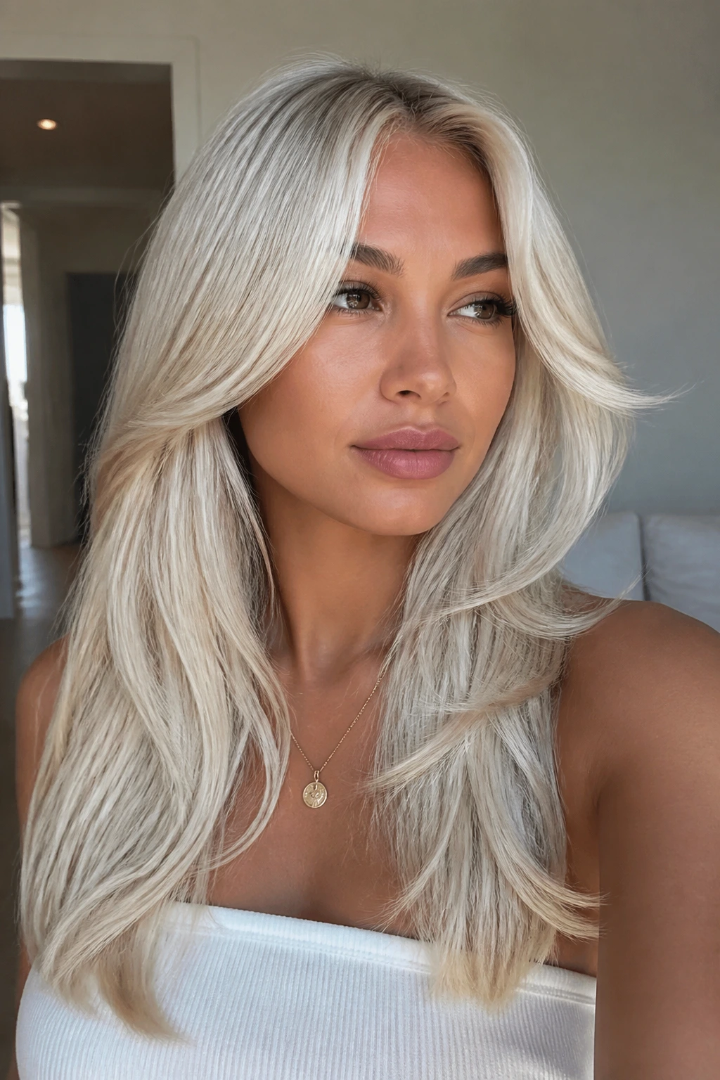 Portrait of a person with long platinum hair and curtain bangs