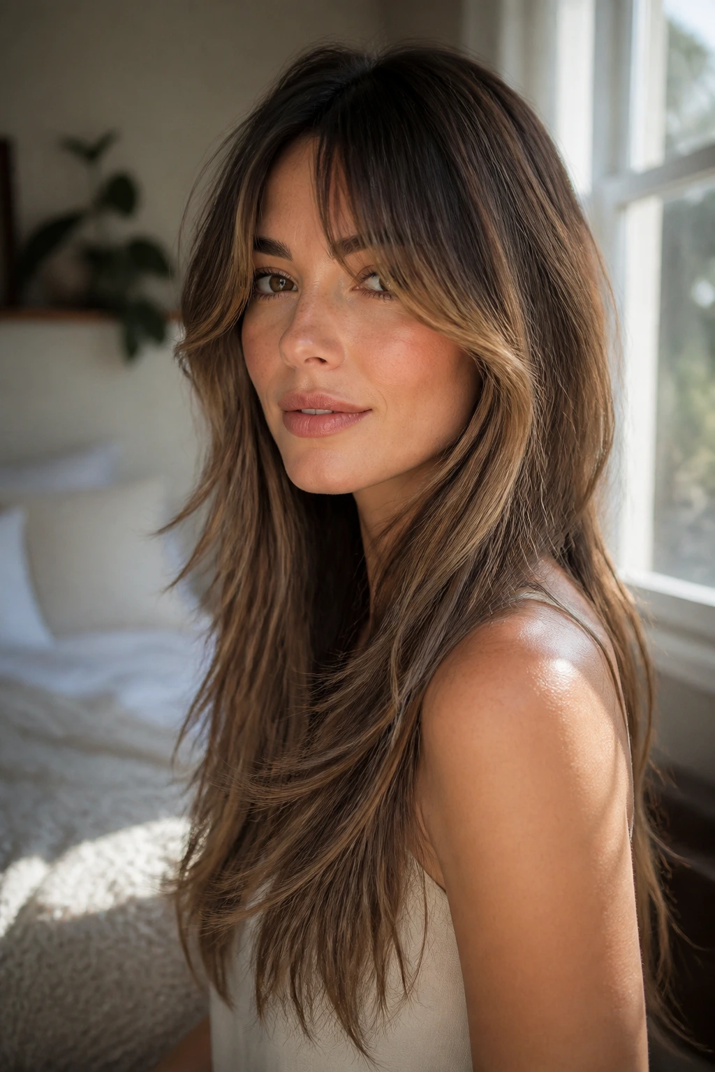 Close-up portrait of a real woman with curtain bangs and long face-framing layers in natural window light