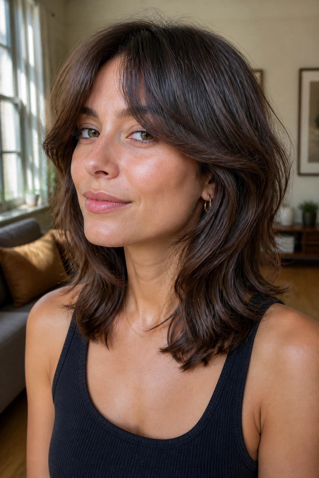 Real woman with curtain bang long shag showing collarbone layers, portrait