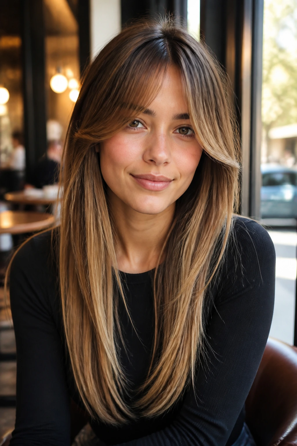 Woman with curtain bangs and long straight hair with caramel highlights