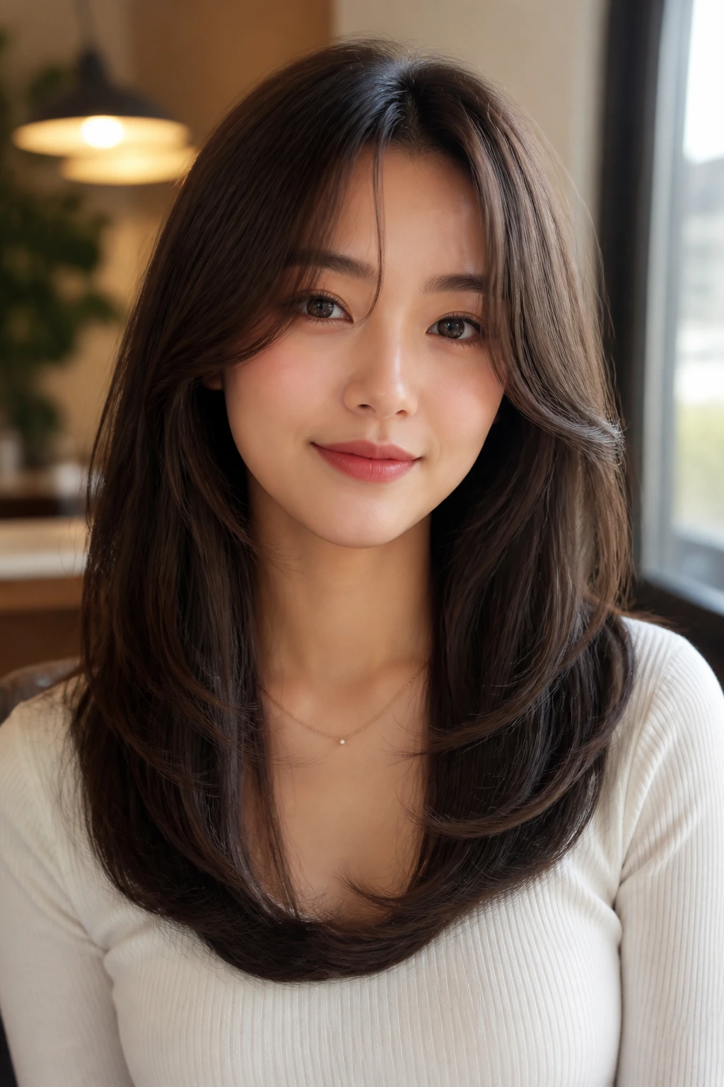 Portrait of a woman with curtain bangs and a long U-cut hair.