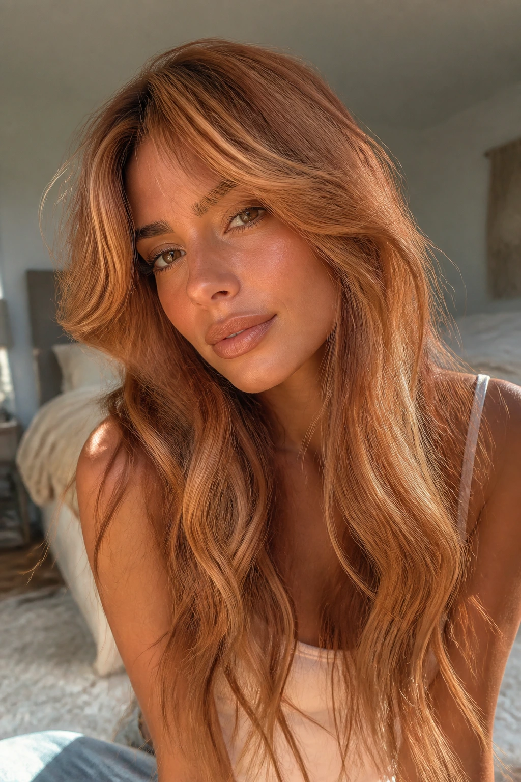 Close-up portrait of a real woman with airy curtain bangs and long waves on tan skin in warm window light