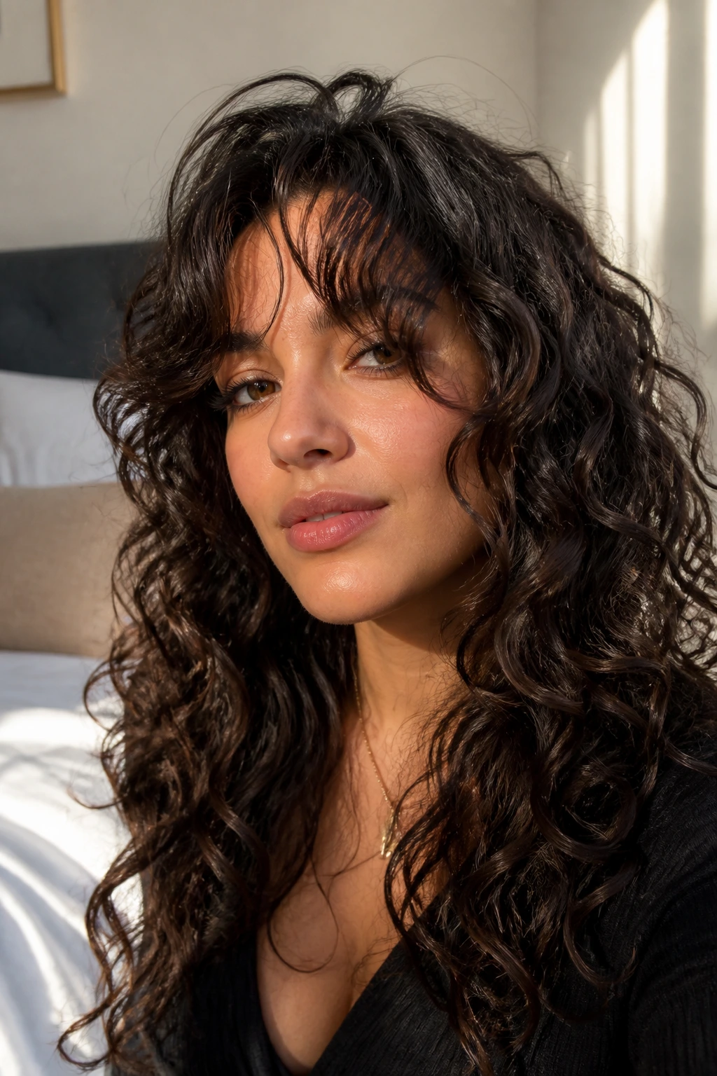 Portrait of a person with curtain bangs on loose spiral curls