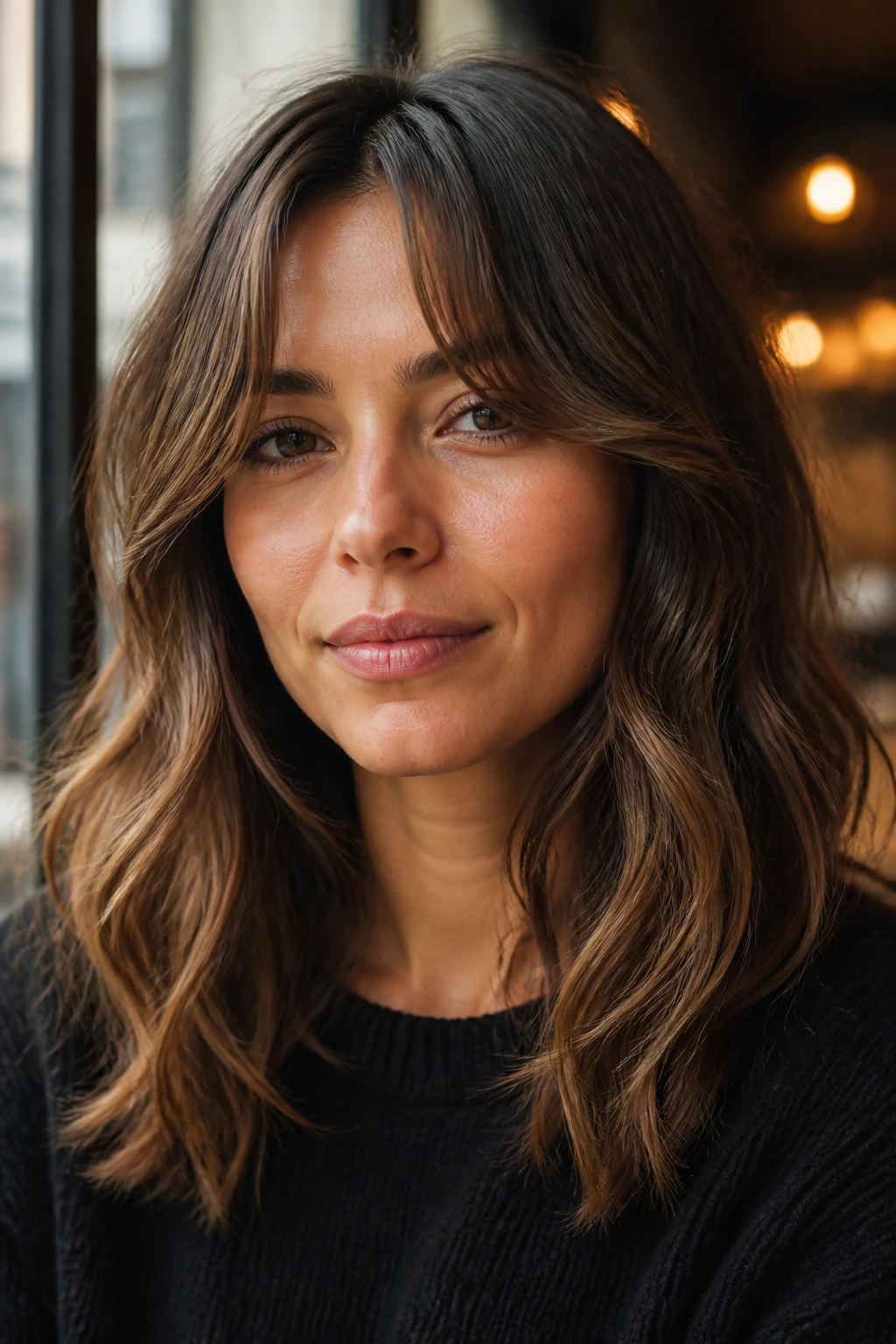 Woman with curtain bangs and loose waves in a natural light setting