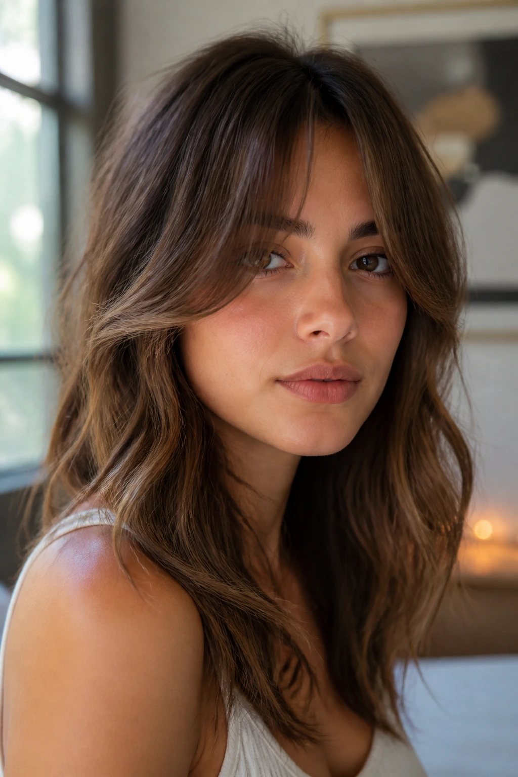 Real woman with curtain bangs and loose waves