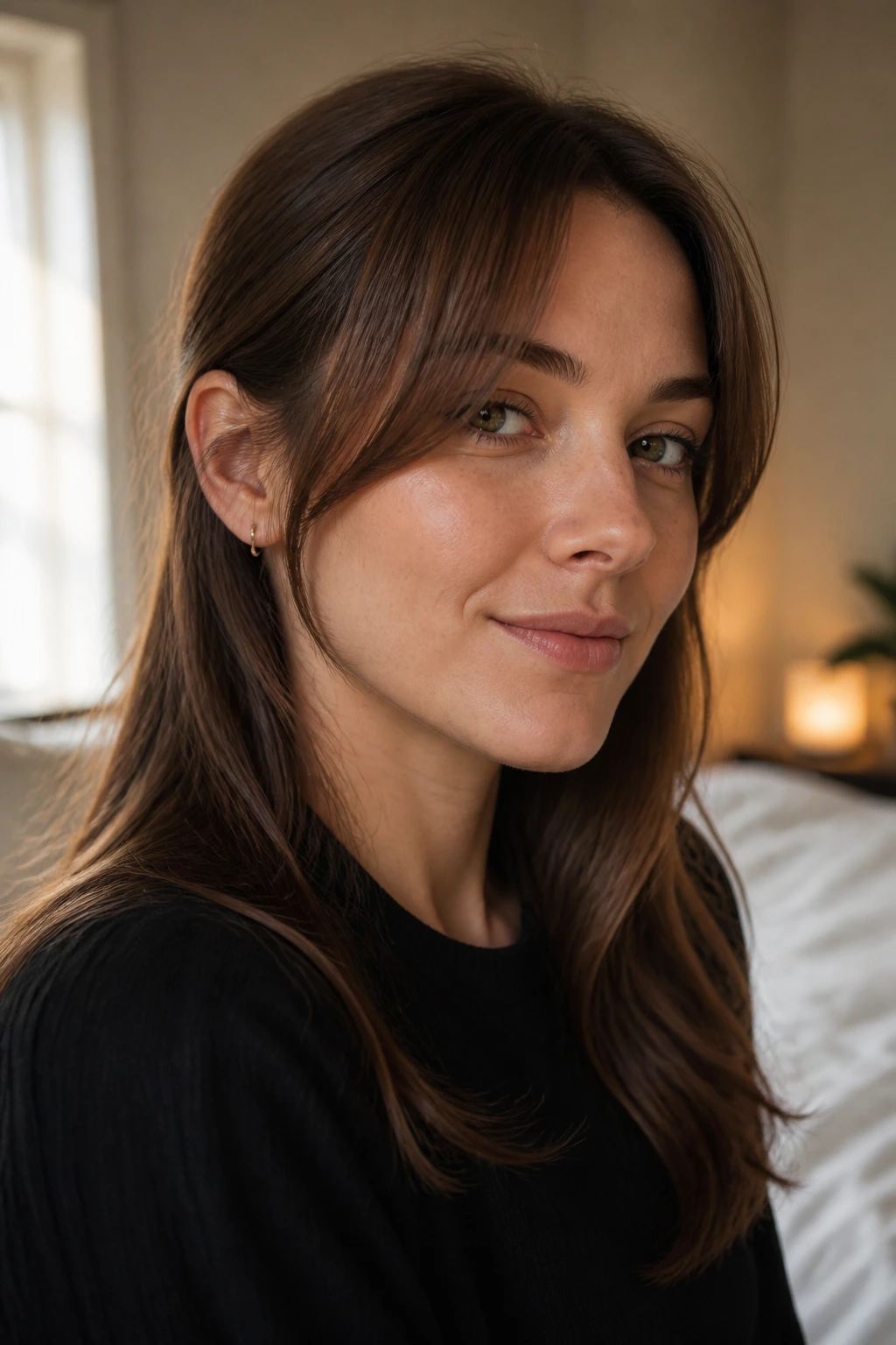 Close-up of a real woman with grown-out curtain bangs blending into low layers in warm window light