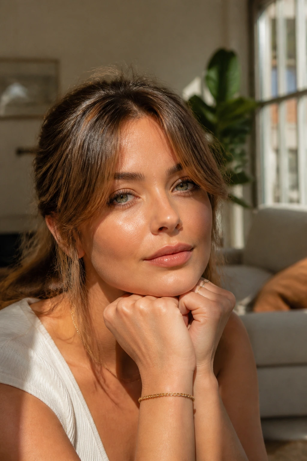 Close-up portrait of a real woman with curtain bangs kept in shape between washes in a sunlit living room