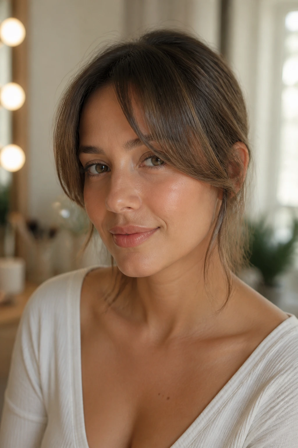 Close-up of a real woman with curtain bangs showing a crisp fringe between trims, warm window light.