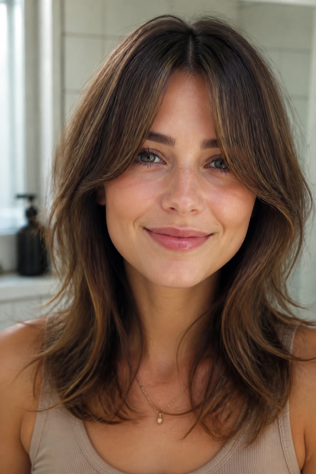 Portrait of a person with curtain bangs neatly shaped.