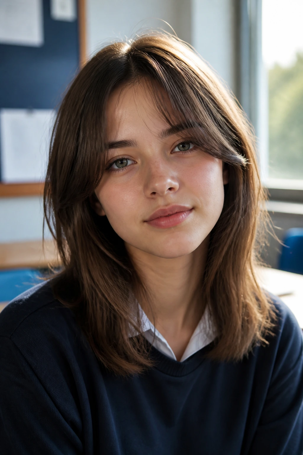 Student with curtain bangs and mid-length cut framing eyes