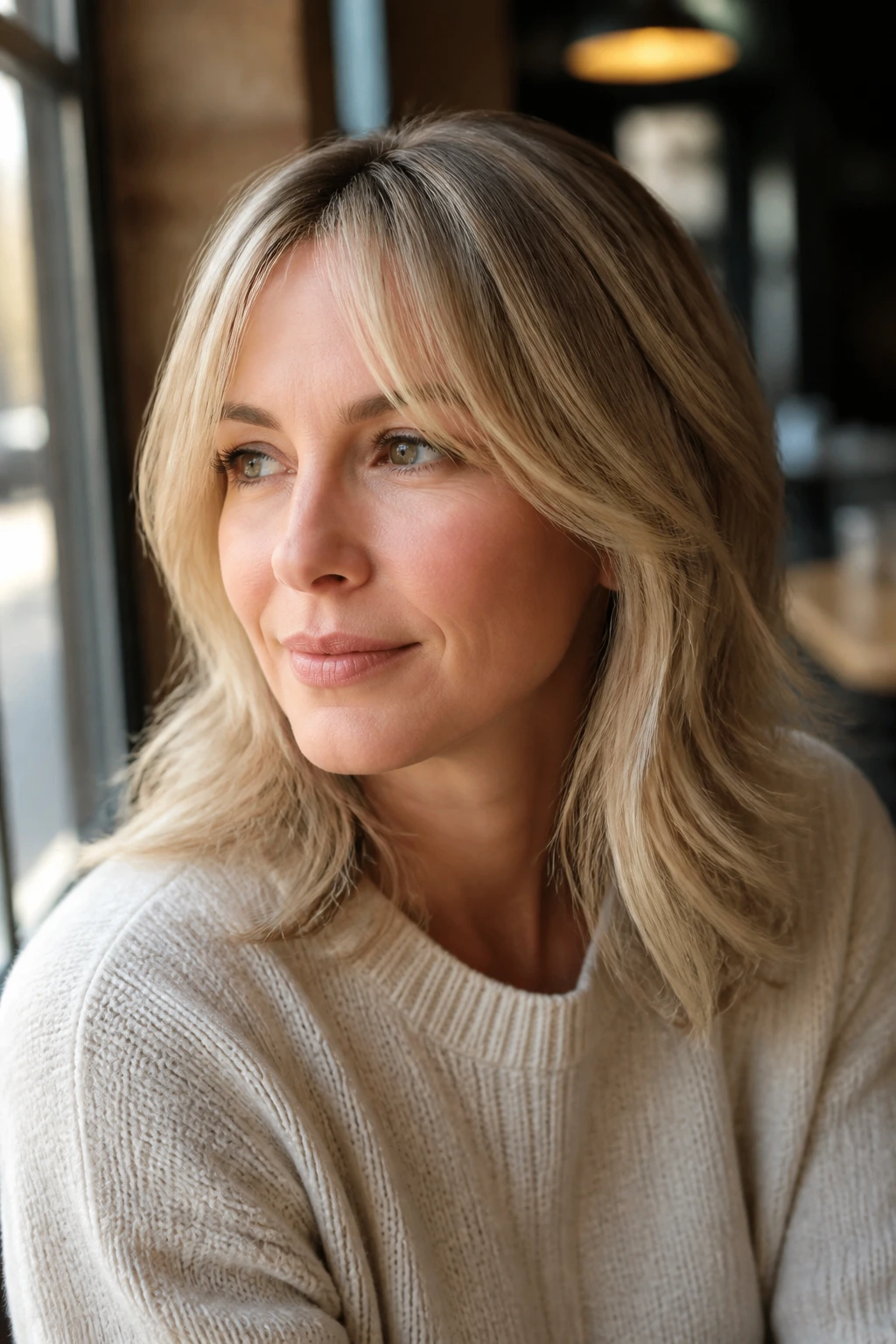 Portrait of a woman with curtain bangs on mid-length cut by cafe window