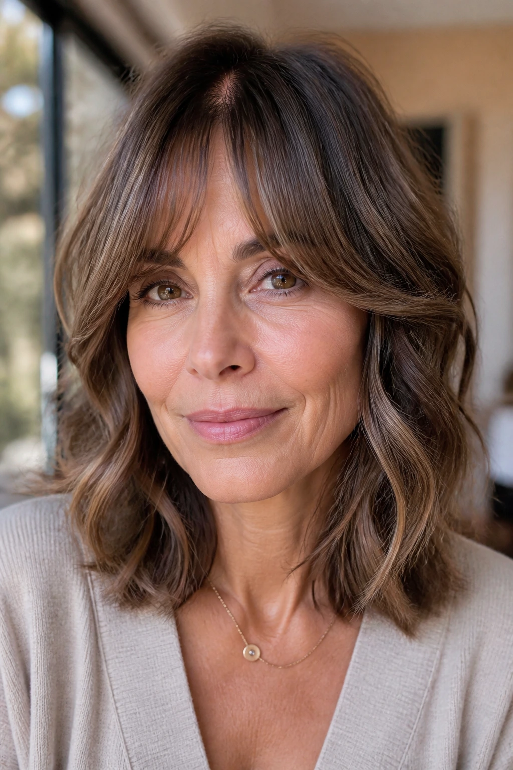 Portrait of a woman with curtain bangs melting into mid-length waves