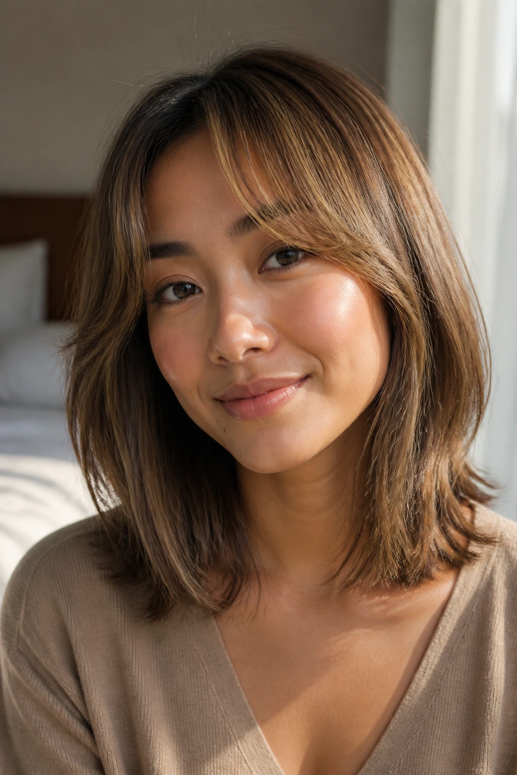 Close-up portrait of a real woman with curtain bangs and soft midi cut on warm undertone skin