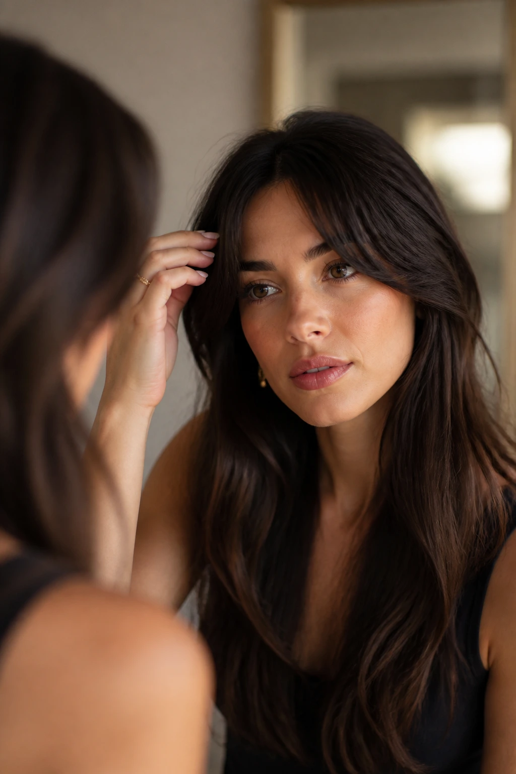 Close-up portrait of a woman with curtain bangs adjusting them near a vanity with a blurred mirror