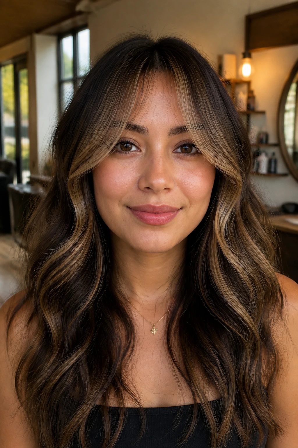 Mocha blonde curtain bangs framing face on a real person